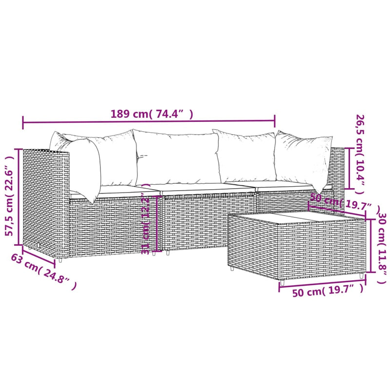 4-tlg. Garten-Lounge-Set mit Kissen Braun Poly Rattan