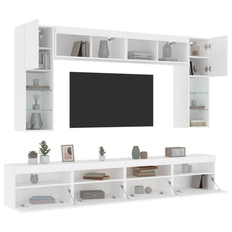 8-tlg. TV-Wohnwand mit LED-Leuchten Weiß