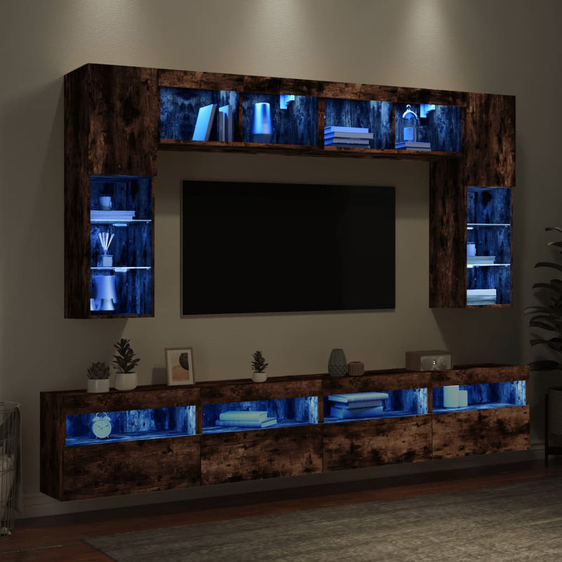 8-tlg. TV-Wohnwand mit LED-Leuchten Räuchereiche